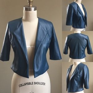 FAUX LEATHER BLAZER, Blue, 3/4 sleeves, Open front